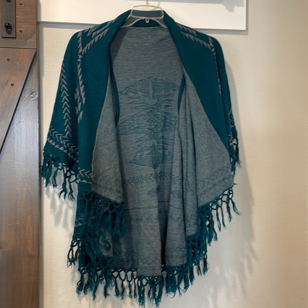 Raz sweater and cover up, teal and grey, western style. Size OZ